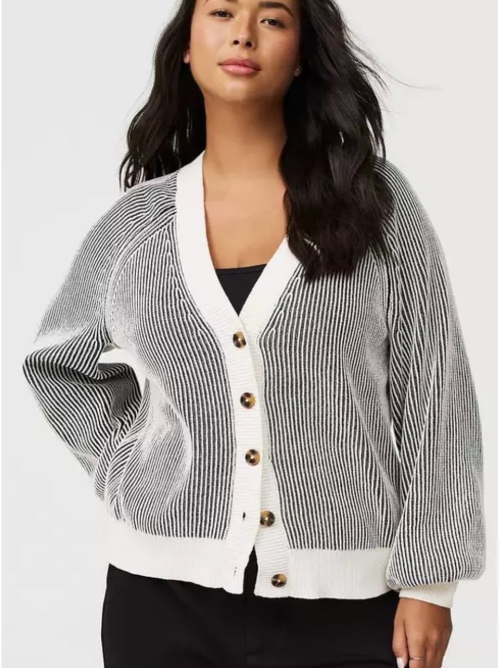 torrid Black & White Striped V-Neck Button-Up Cardigan